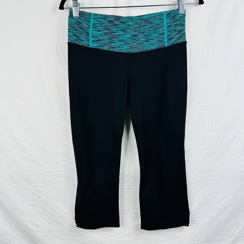 LULULEMON Size 6‎ BLACK Green ATHLETIC LEGGING Quarter Slit Active Hiking Yoga